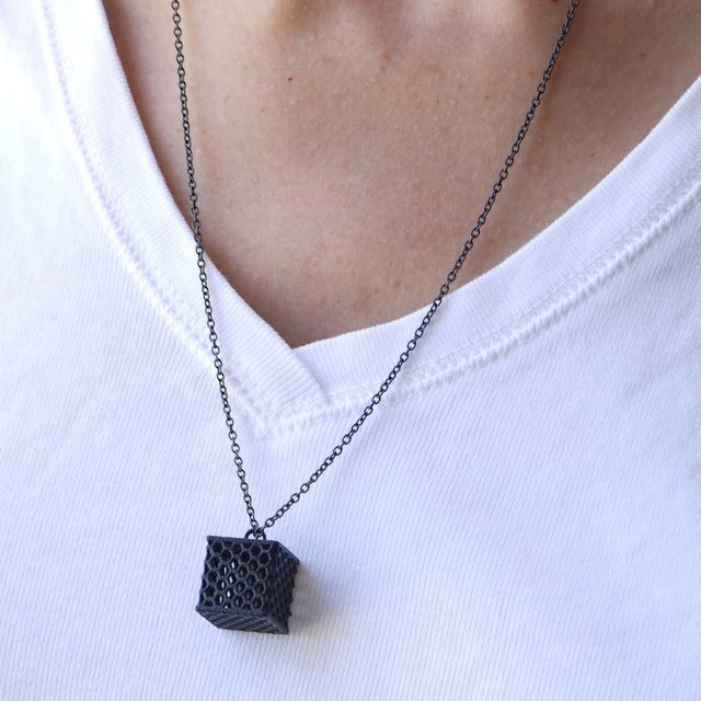 Perforated Honeycomb Cube Pendant Necklace