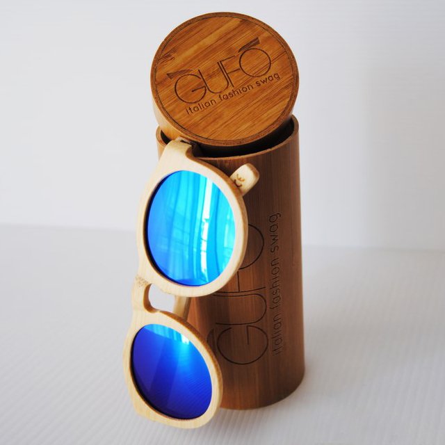 Light Wooden Sunglasses with Blue Mirrored Lenses