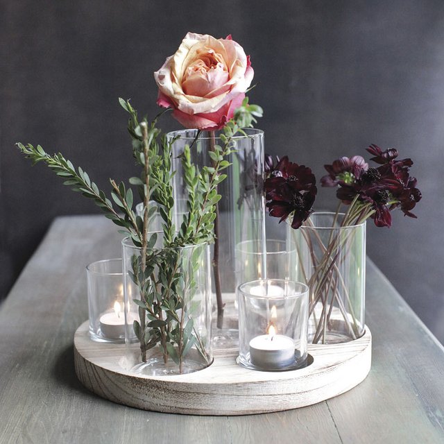 Round Wood Tray with Glass Votive Holders