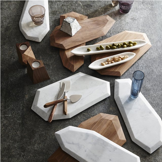Faceted Marble + Rosewood Serving Pieces