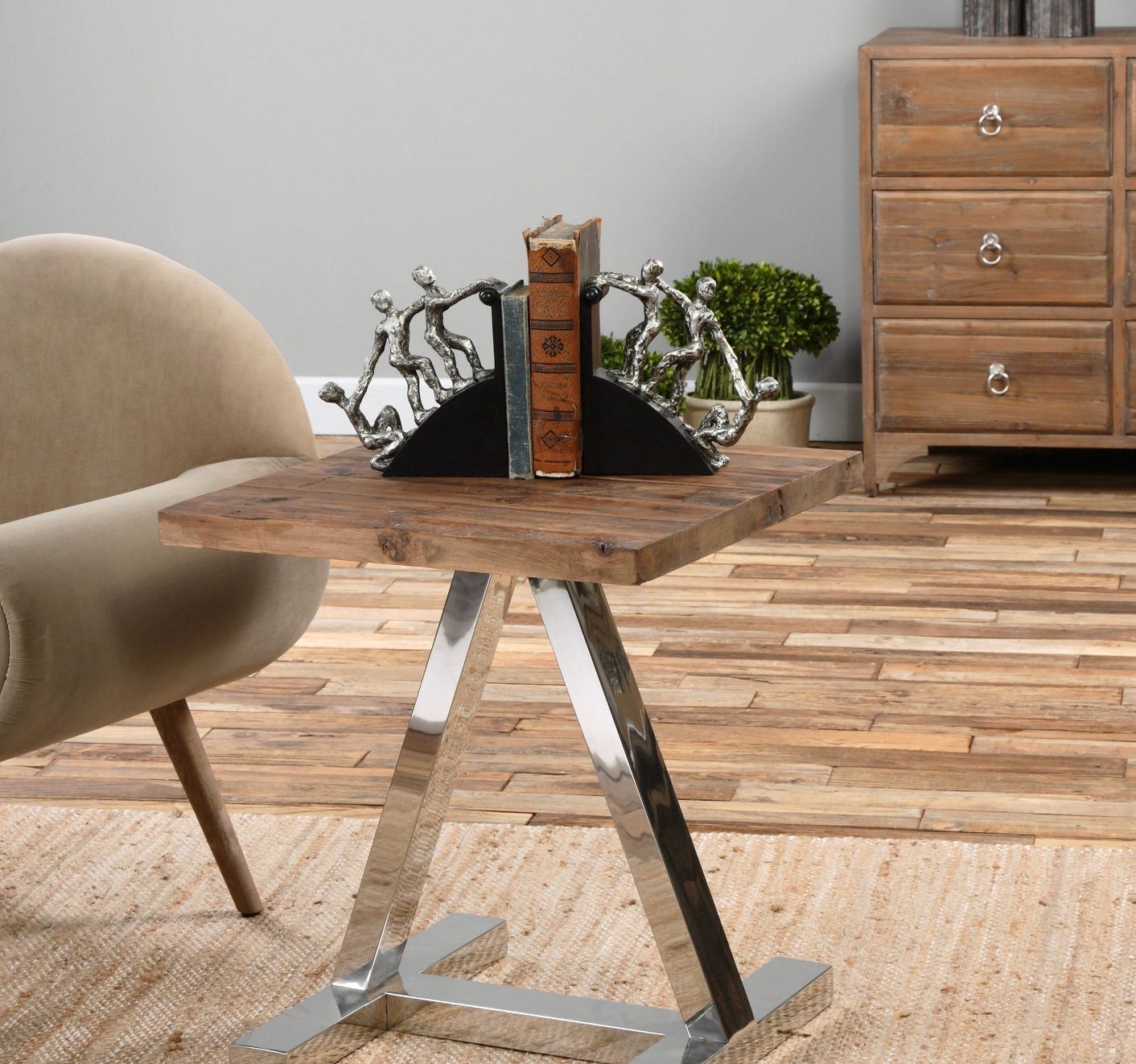 Minimalist Loft Reclaimed Wood Silver Chrome Side Table