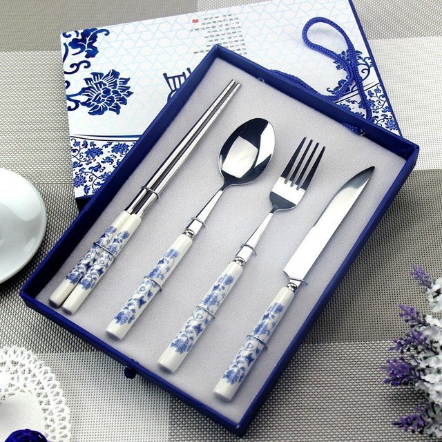 Blue and White Porcelain 4-Piece Tableware Set