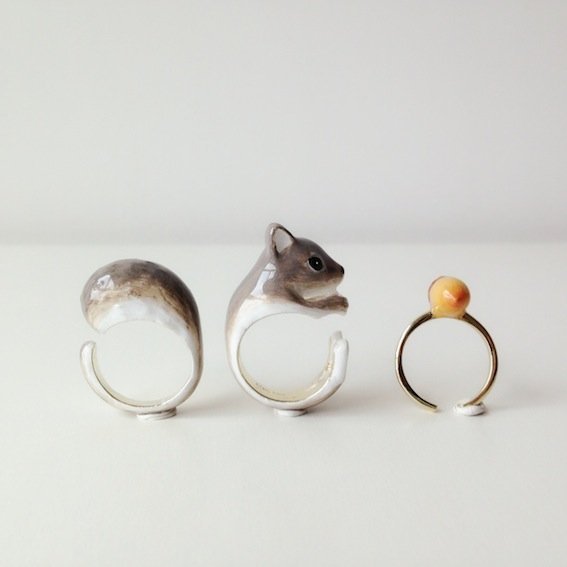 Enamel Grey Squirrel and Acorn Ring Set