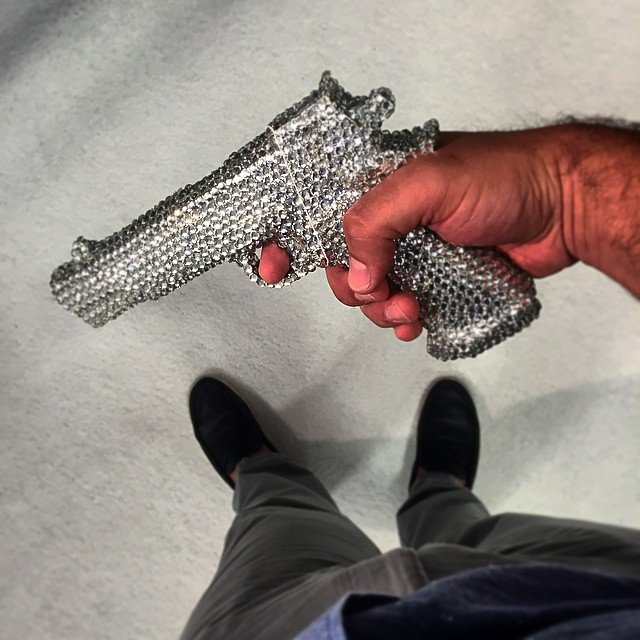 Rhinestone Encrusted Graphite Gun Decor