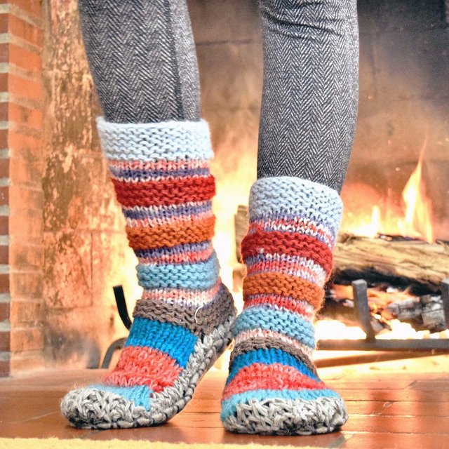 Blue Hand Knit Wool Long Slipper Socks by Tibetan Socks