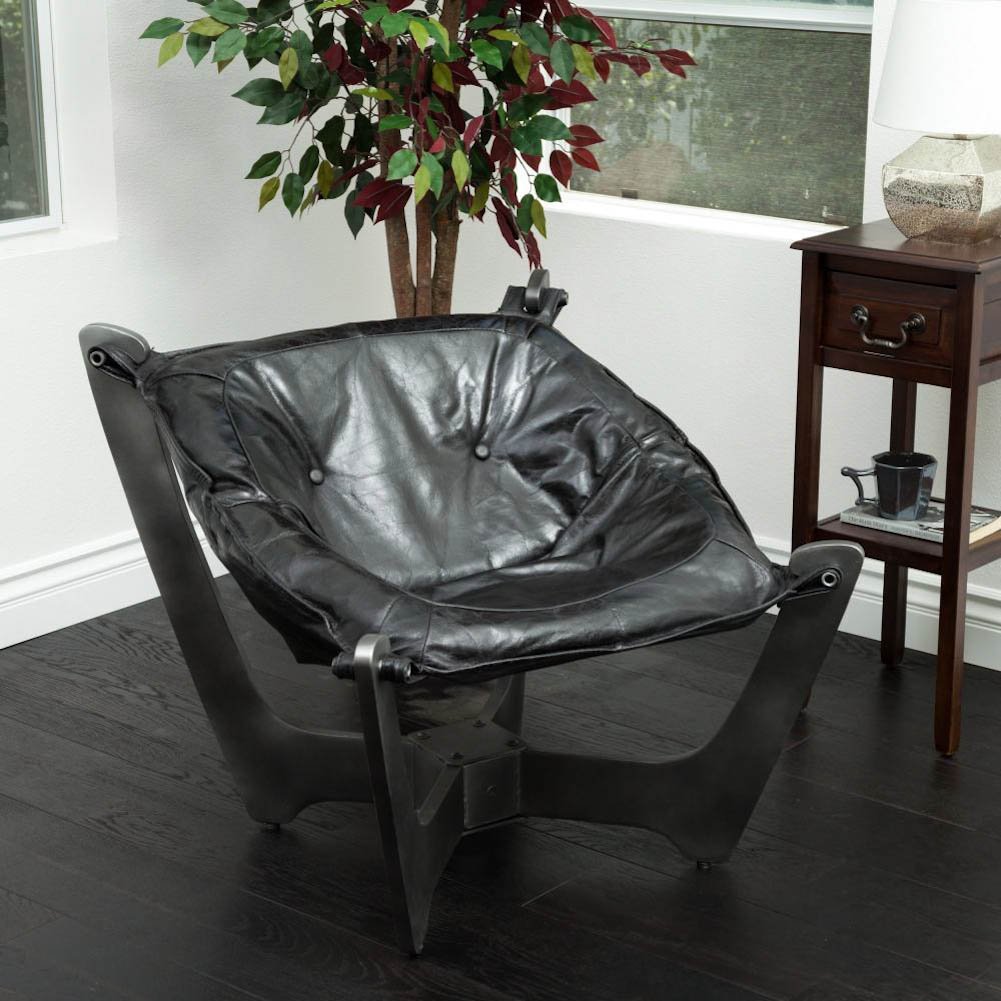 Modern Design Black Top Grain Leather Sling Chair