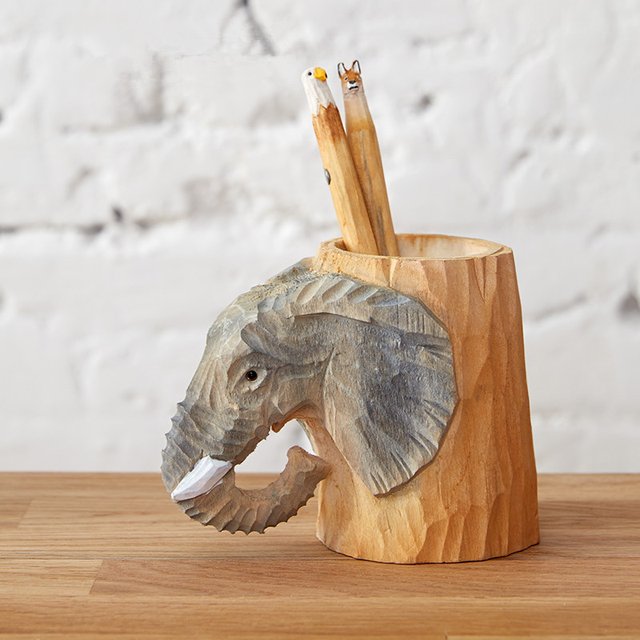 Wooden Elephant Carved Pen Holder