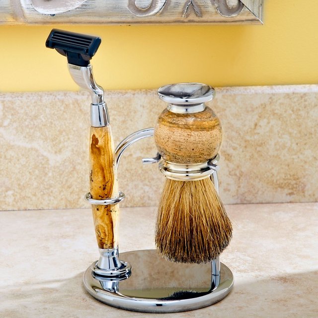 Tan Stone Razor and Badger Brush Shaving Set