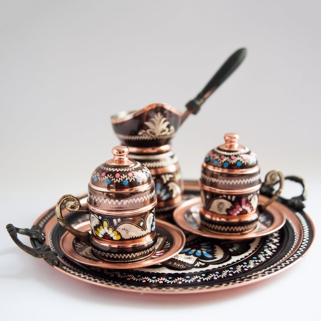 Turkish Hand-Painted Copper Coffee Set