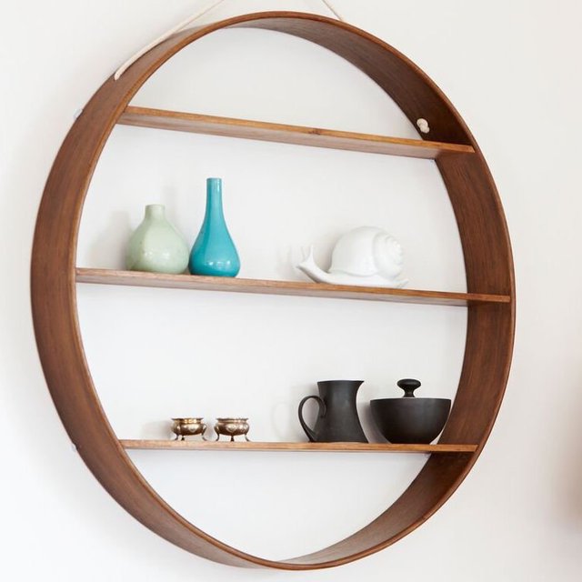 Large Walnut Finish Oak Circle Shelf