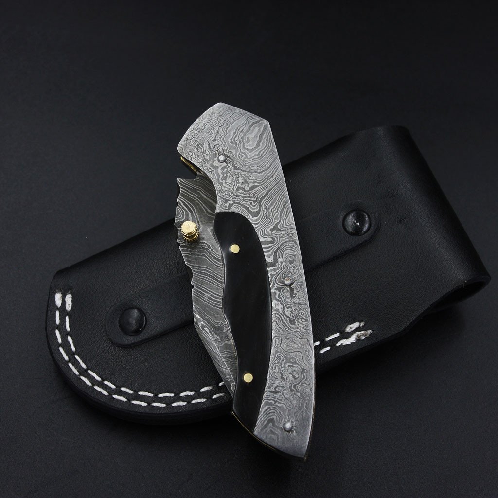 Lucy Handmade Damascus Pocket Knife with Genuine Leather Sheath