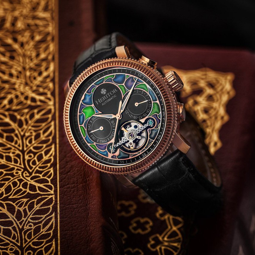 Heritor Automatic Aura Semi-Skeleton Vitreous Enamel Leather-Band Watch