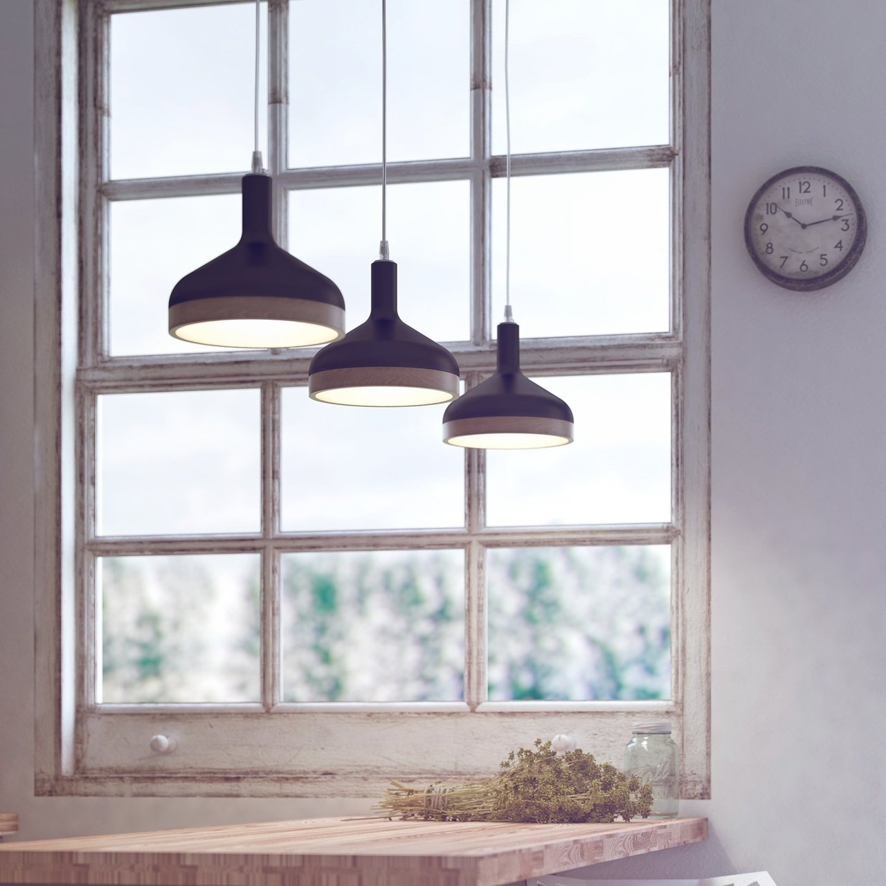 Plera Matte Black & Beech Wood Suspension Lamp