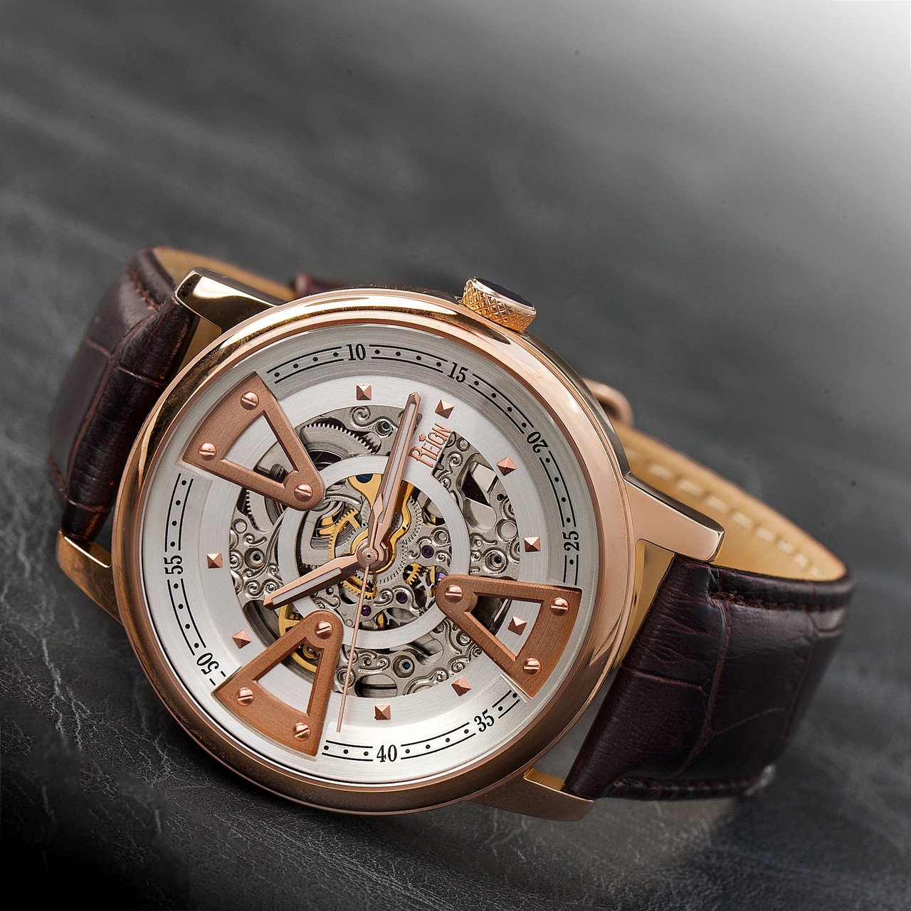 Reign Belfour Automatic Skeleton Dial Leather-Band Watch