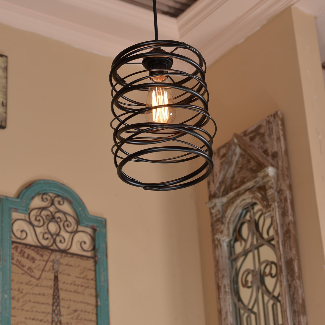 Antique Black Metal Spiral Shade Pendant Light