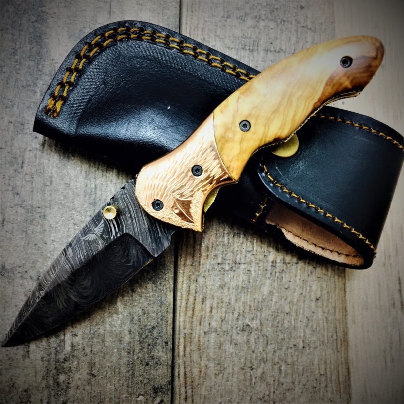 HTS-60c Damascus Folder with Copper Bolster & Engraved Bird