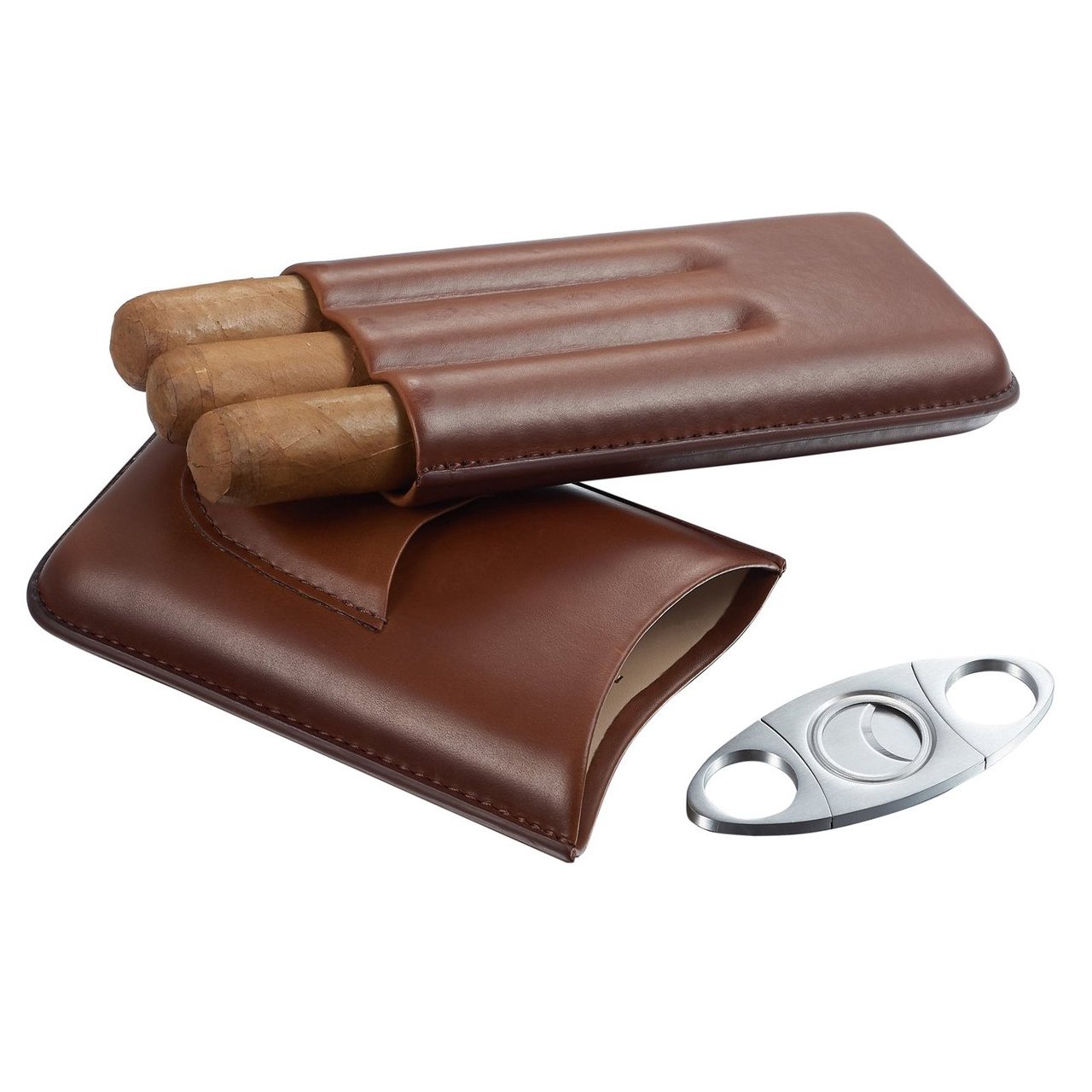 Visol Legend Genuine Brown Leather Cigar Case with Cutter