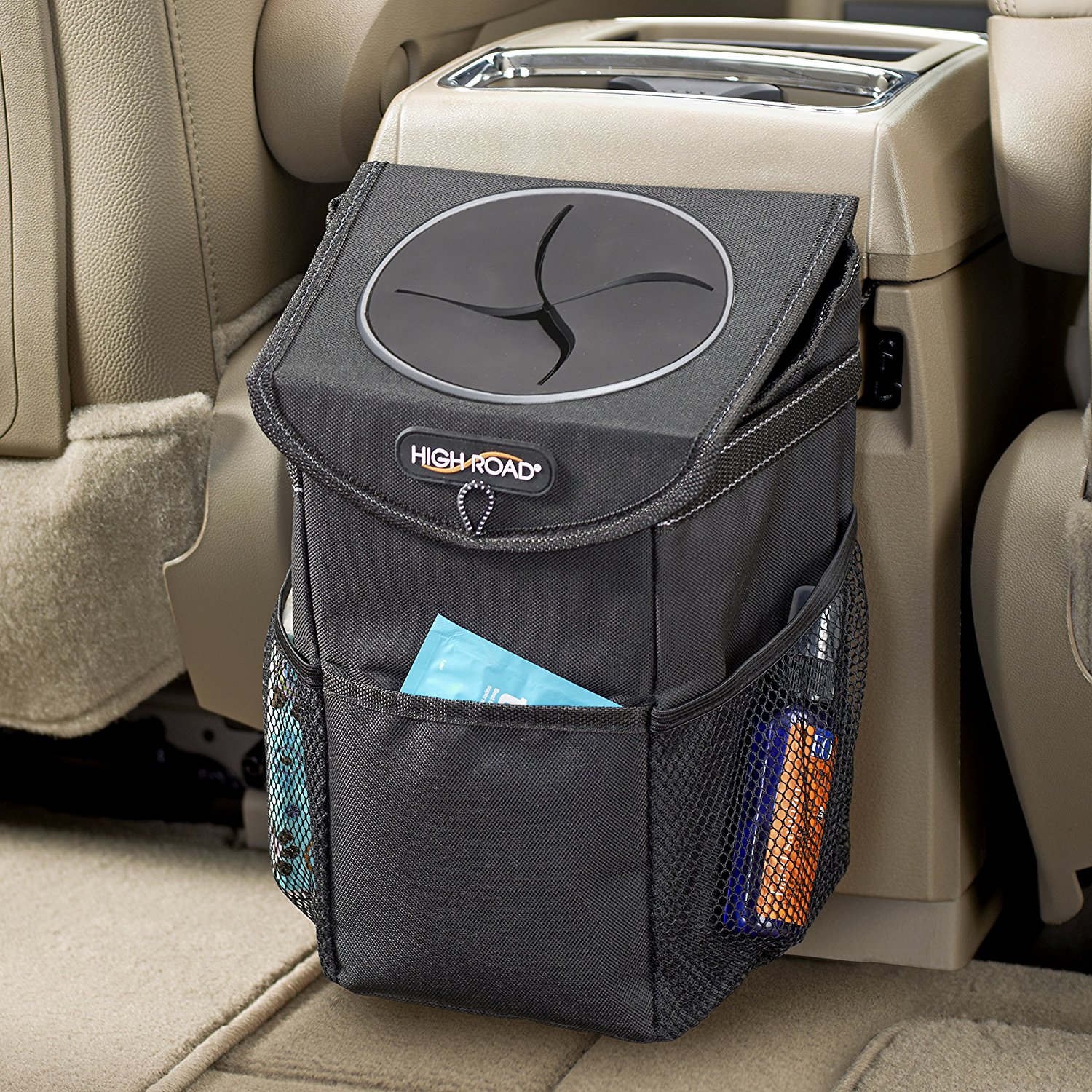 High Road StashAway Car Trash Can with Lid and Storage Pockets