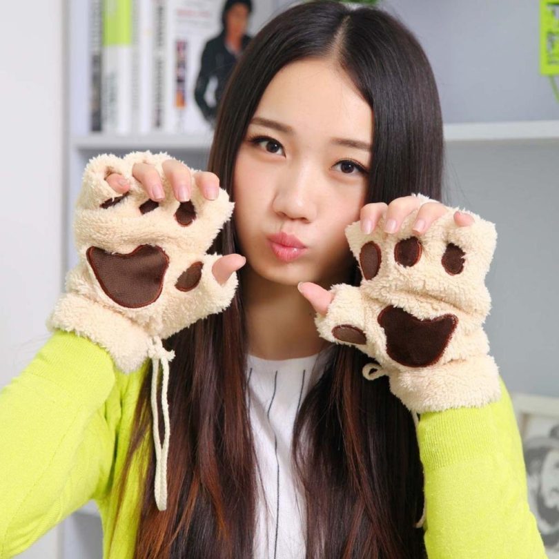 Arshiner Women Bear Plush Cat Paw Claw Glove Soft Winter Gloves