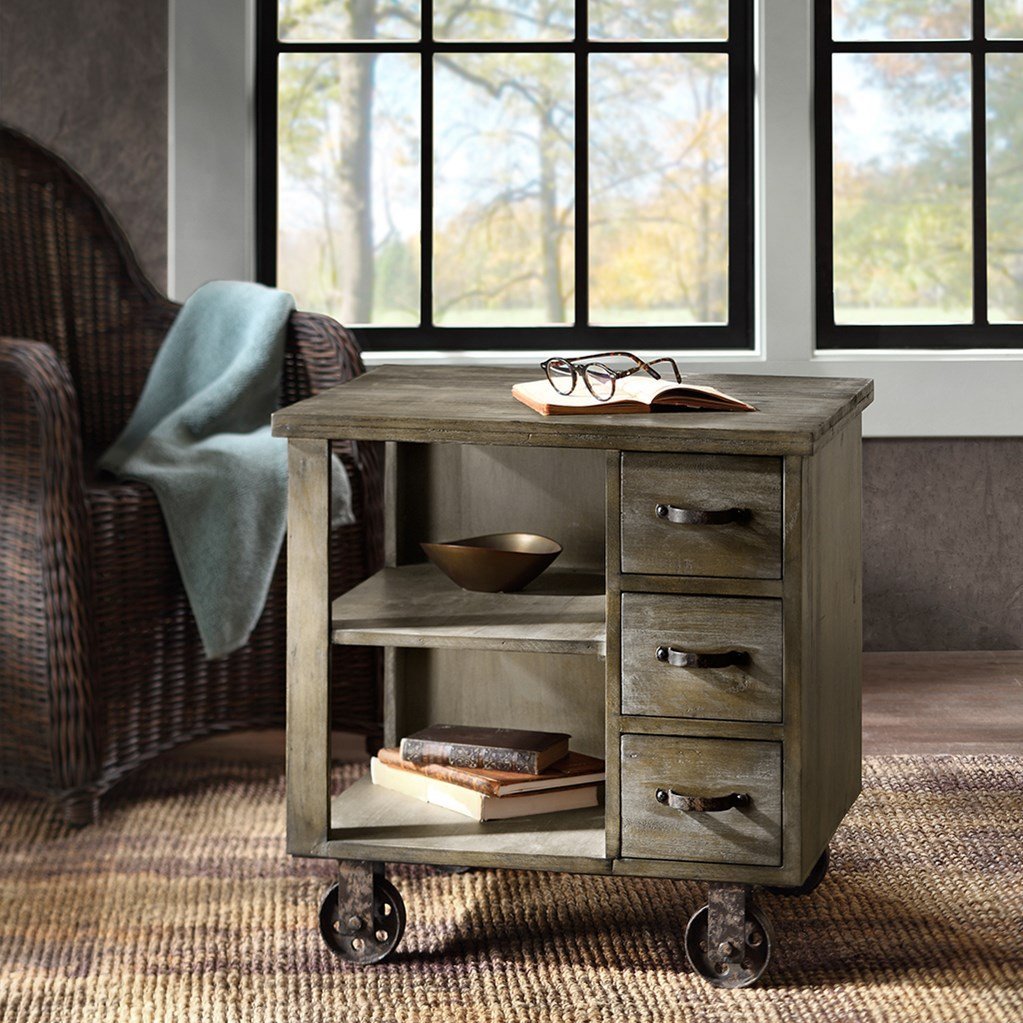 Rustic Industrial Distressed Accent Side End Table with 3 Drawers