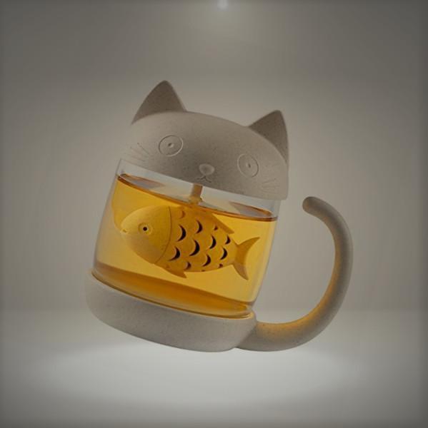Carlie Cute Cat Glass Cup Tea Mug With Fish Tea Infuser Strainer Filter
