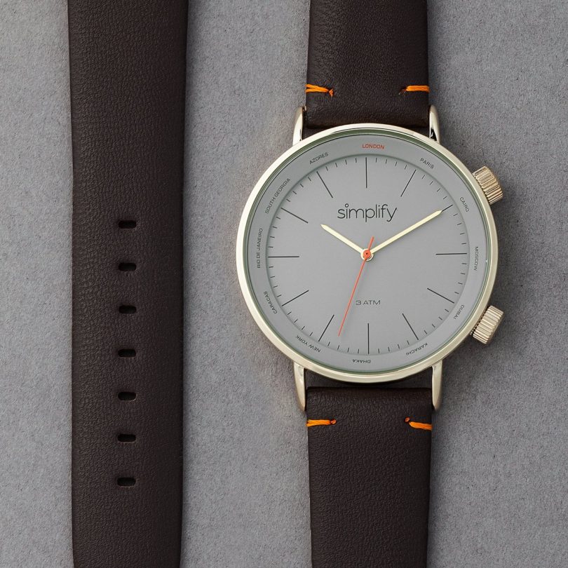 Simplify The 3300 Leather-Band Watch with World Time Zones