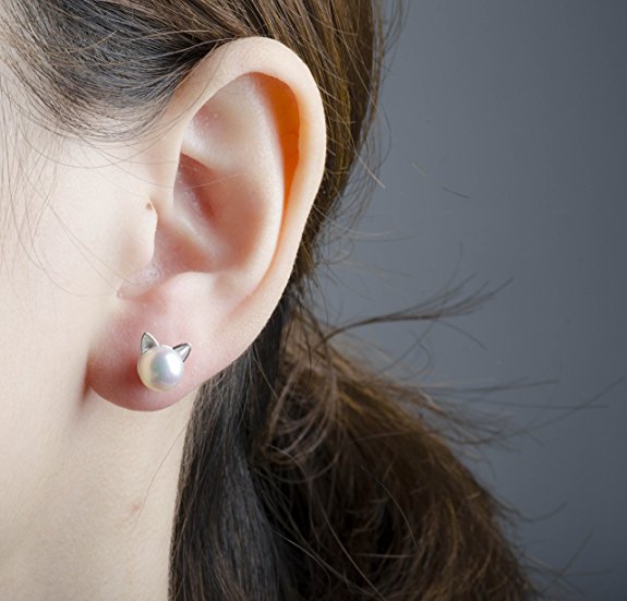 S.Leaf Cat Ear Stud Earrings Freshwater Cultured Pearl Stud Earrings Sterling Silver Ear Studs