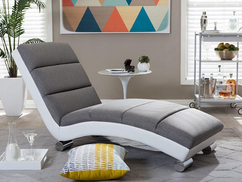 Baxton Studio Percy Modern Contemporary Grey Fabric and White Faux Leather Upholstered Chaise Lounge