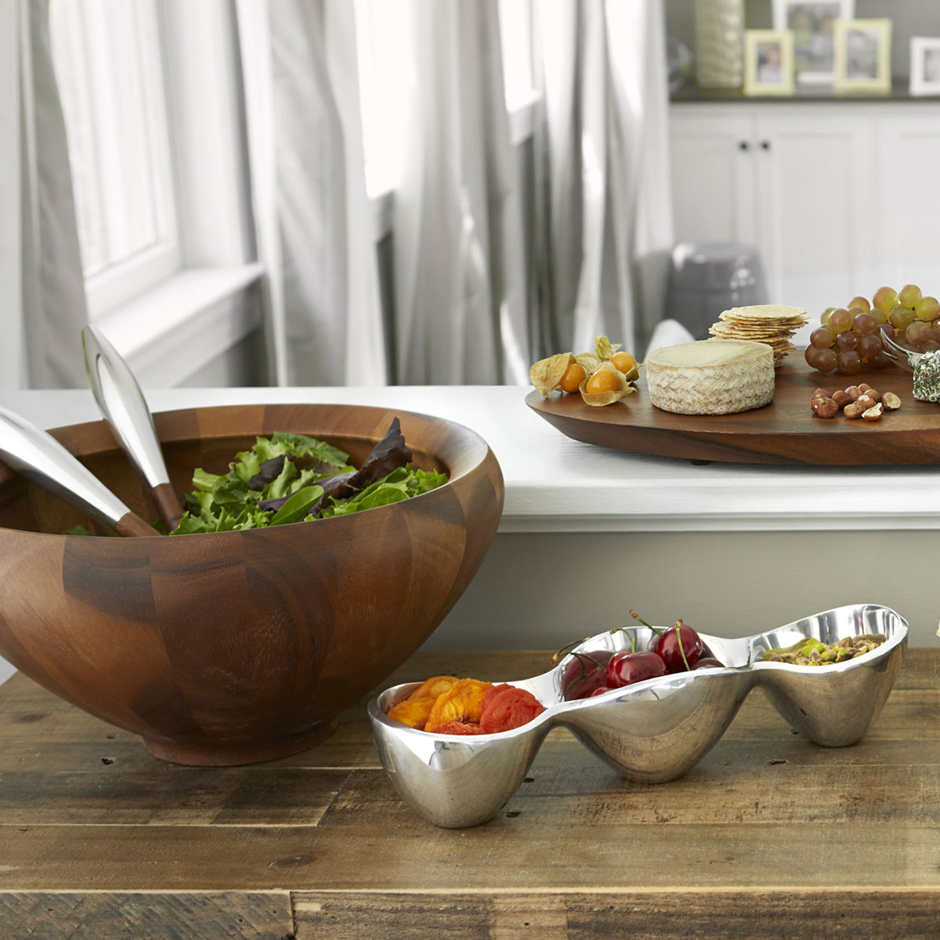 Nambe Yaro Acacia-Wood Salad Bowl with 2 Servers