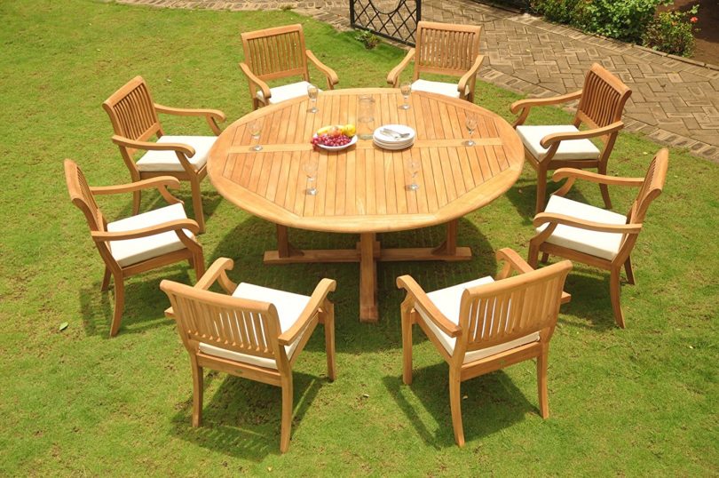 Luxurious Grade-A Teak Dining Set – 60″ Round Table And 6 Stacking Arbor Arm Chairs