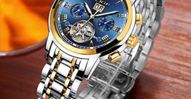 Affute Mens Automatic Mechanical Wrist Watches Stainless Steel Date Skeleton Tourbillon Watch