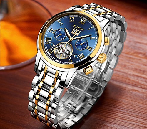 Affute Mens Automatic Mechanical Wrist Watches Stainless Steel Date Skeleton Tourbillon Watch