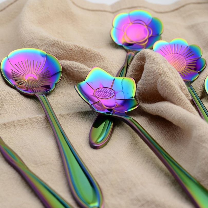 Flower Spoon Set, niceEshop(TM)Stainless Steel Teaspoon Colorful Coffee Spoon Tea Spoon Mixing Spoon Sugar Spoon