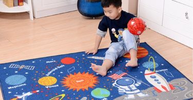 Kids Rug Educational Learning Carpet Galaxy Planets Stars Blue