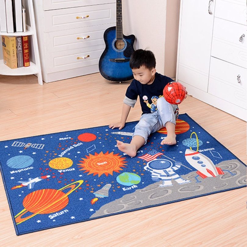 Kids Rug Educational Learning Carpet Galaxy Planets Stars Blue