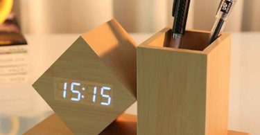 Wooden Desk LED Clock Pen Holder