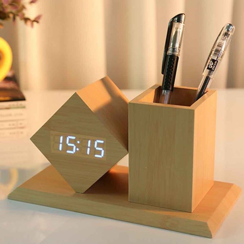 Wooden Desk LED Clock Pen Holder