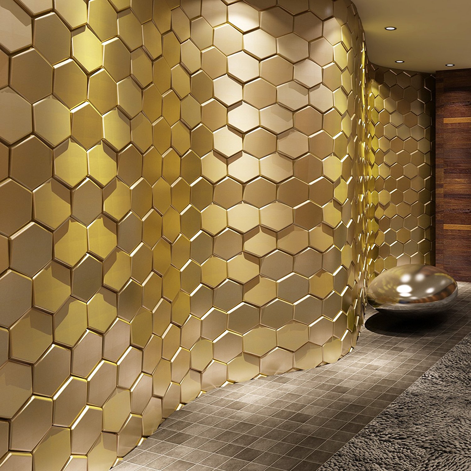 Art3d 20-Pieces Decorative 3D Wall Panel Faux Leather Tile, Golden Hexagon