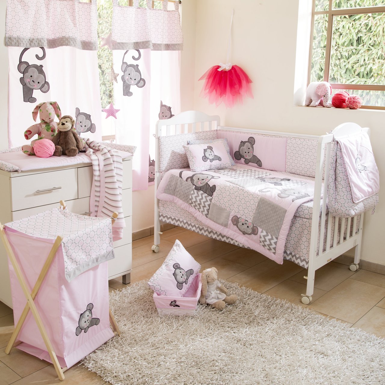 Pink Monkey Crib Bedding Set