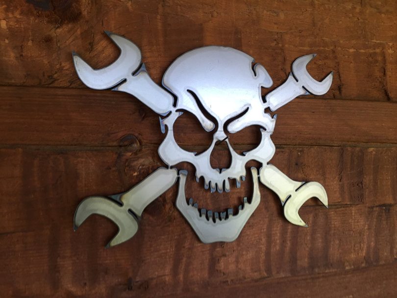 Gear Head Skull and Wrenches Metal Wall Art