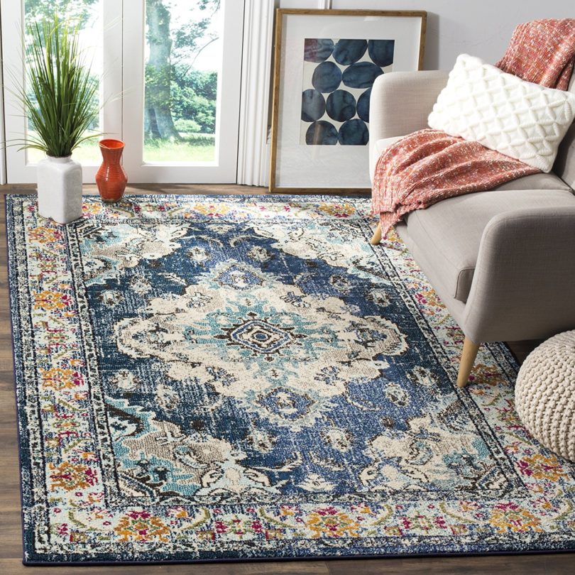 Safavieh Monaco Collection MNC243N Vintage Bohemian Navy and Light Blue Distressed Area Rug