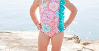 RuffleButts Little Girls Floral One-Shoulder Swimsuit w/Aqua Polka Dot Ruffle