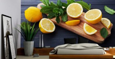 Lemon and Mint Leaves Served on Wooden Kitchen Board on Black Rustic Table – Removable Wall Mural