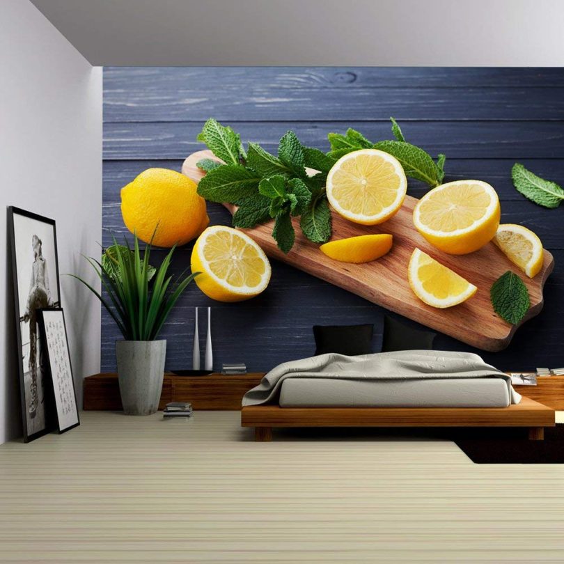 Lemon and Mint Leaves Served on Wooden Kitchen Board on Black Rustic Table – Removable Wall Mural