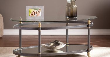 Southern Enterprises Allesandro Oval Cocktail Table, Dark Gray Finish, Silver Distressing and Gold Accents