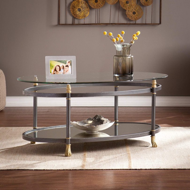 Southern Enterprises Allesandro Oval Cocktail Table, Dark Gray Finish, Silver Distressing and Gold Accents