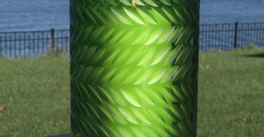 The Naturally Modern Flower Petal Hurricane Candle Holder or Vase, Art Glass, Green, Translucent, Incised Textured Glass, Herringbone Pattern, 8 H Inches Tall, By Whole House Worlds