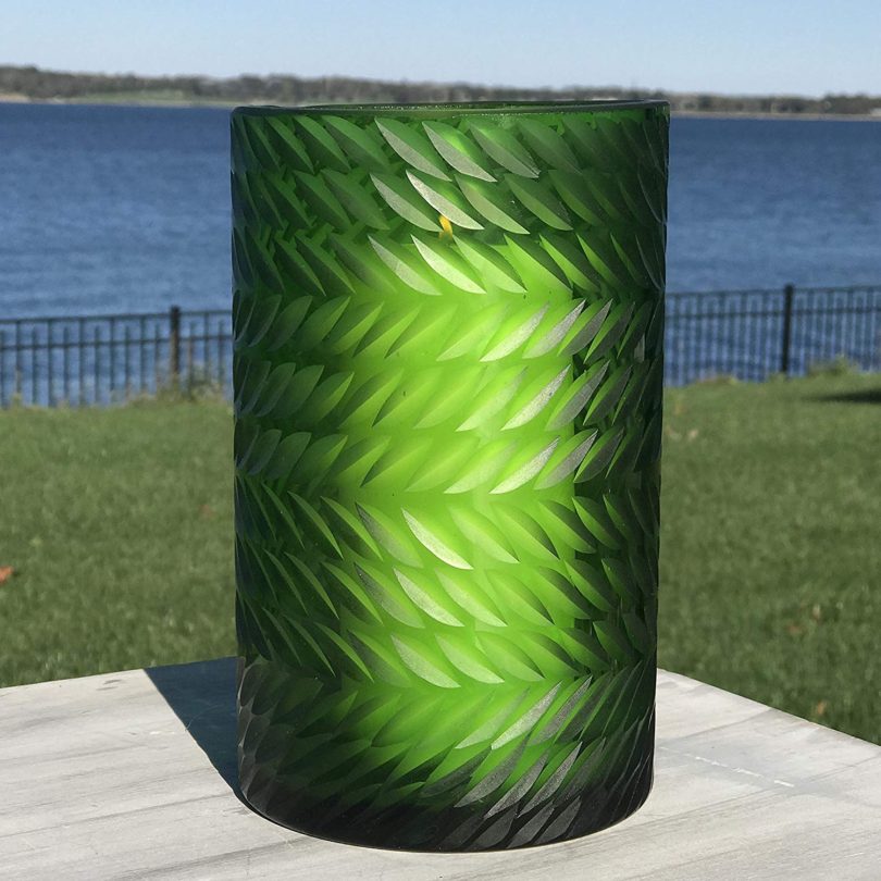 The Naturally Modern Flower Petal Hurricane Candle Holder or Vase, Art Glass, Green, Translucent, Incised Textured Glass, Herringbone Pattern, 8 H Inches Tall, By Whole House Worlds