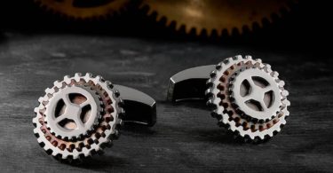 Rotating Precious Gear Silver Cufflinks in Black Rhodium & Black MOP