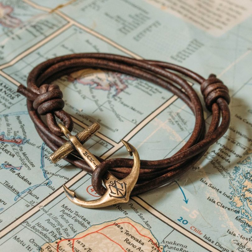 Brass Maritime Anchor Antique Brown Leather Bracelet